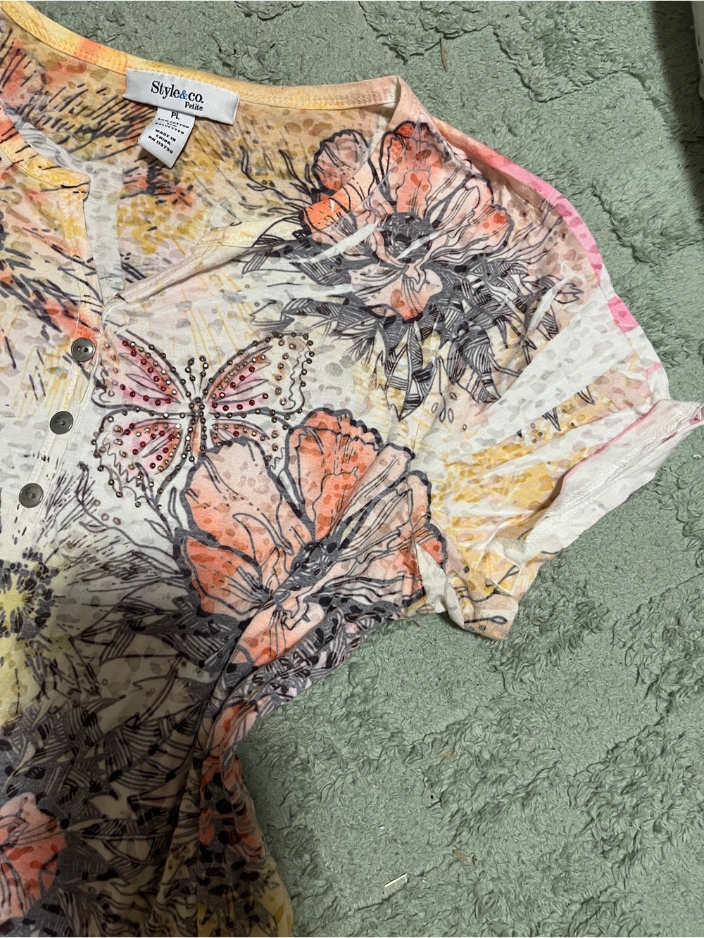 Style & Co. Petite Floral Butterfly Henley Top - Coral, Yellow, Gray